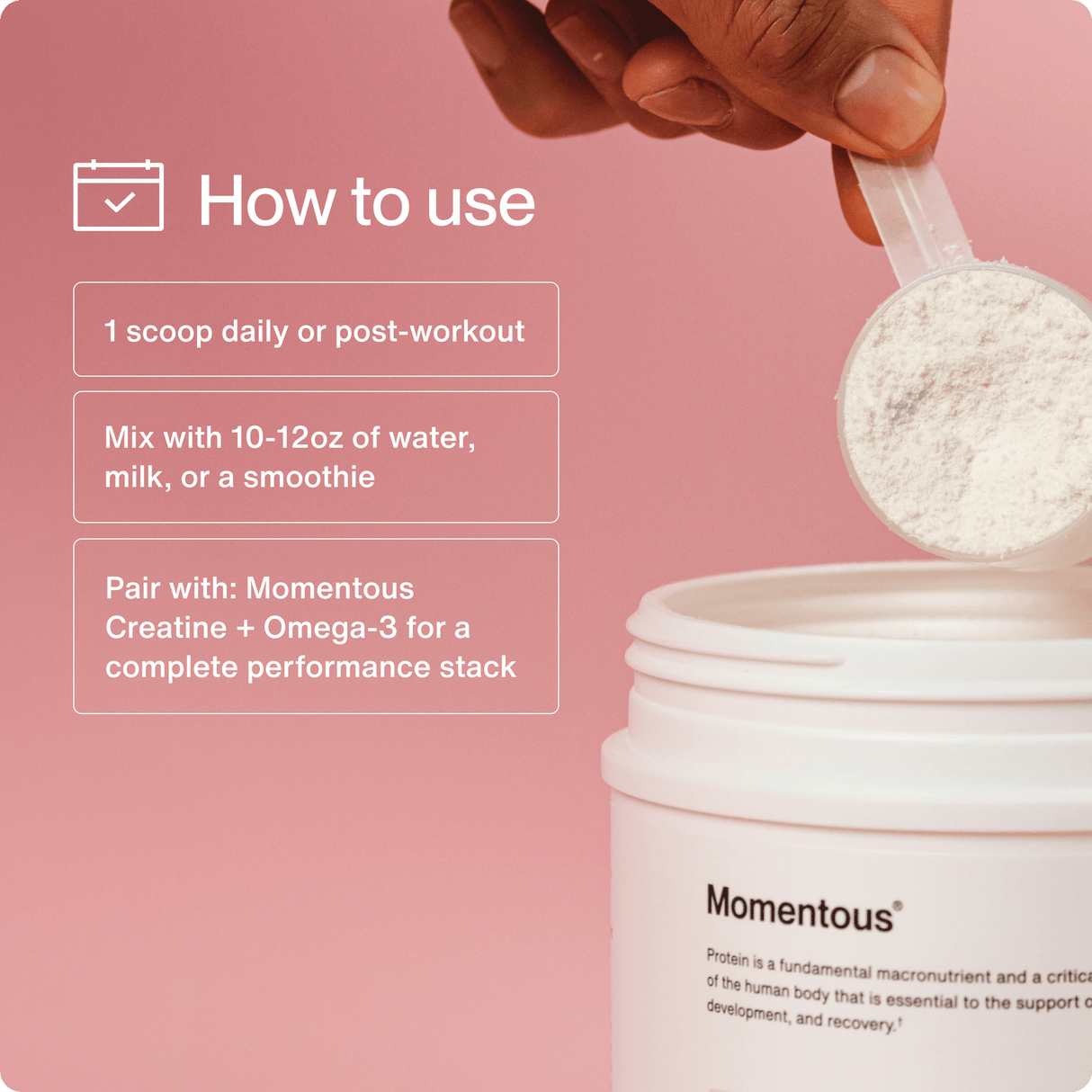A hand scoops Momentous Whey Protein Isolate - Limited Edition from a Momentous container against a pink background, with usage instructions shown next to the protein powder.