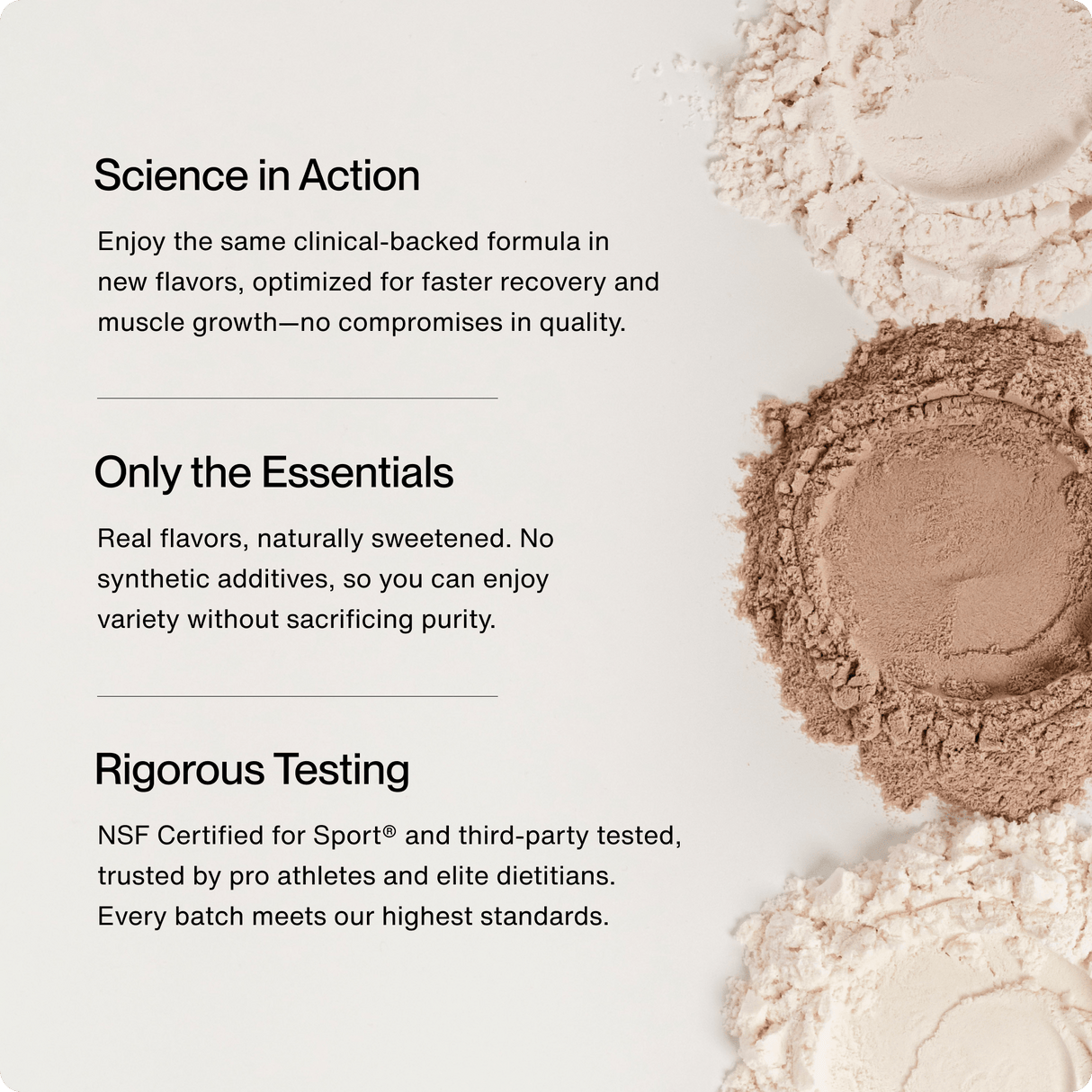 Three piles of protein powder in varying shades appear beside text highlighting science-backed formula, natural flavors, and rigorous testing for quality, purity, and muscle recovery with Momentous Whey Protein Isolate - Limited Edition.