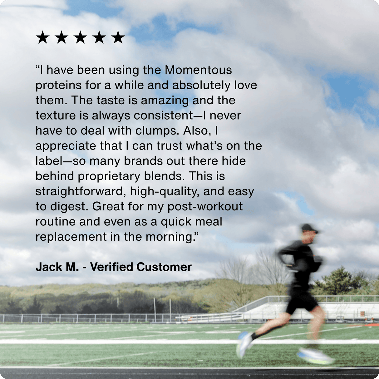 A customer review highlighting muscle recovery benefits of Momentous Whey Protein Isolate - Limited Edition is overlaid on an image of a man running outdoors on a track under a cloudy sky.