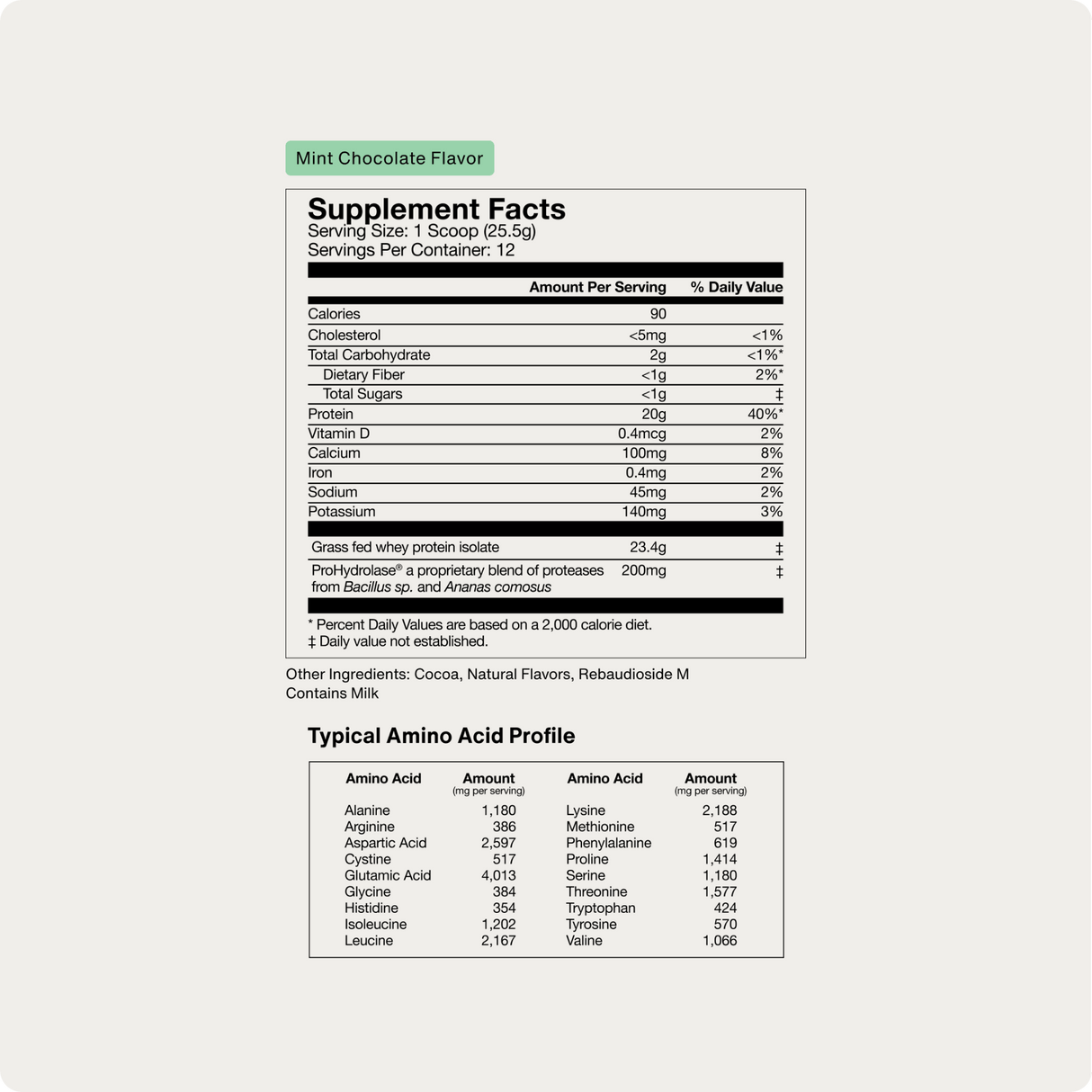 Supplement Facts label for Momentous Whey Protein Isolate - Limited Edition (mint chocolate) by Momentous, showing nutrition details, ingredients, and amino acid profile to support muscle recovery.