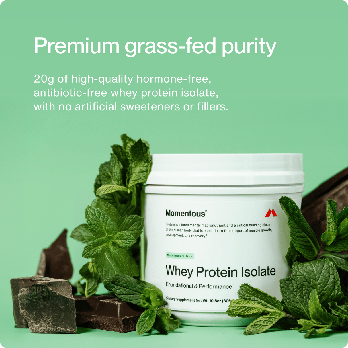 A container of Momentous Whey Protein Isolate - Limited Edition sits among mint leaves and chocolate pieces on a green background, with text emphasizing the product’s purity, premium ingredients, and muscle recovery support.