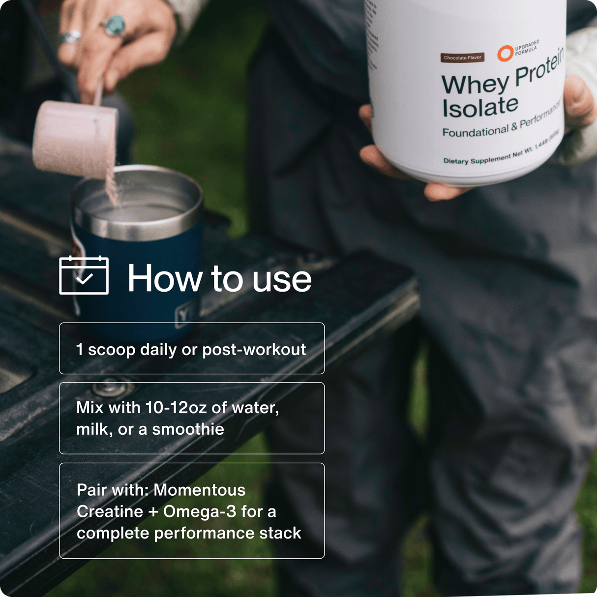 A person scoops Momentous Whey Protein Isolate outdoors, with clear usage instructions shown—ideal for post-workout muscle recovery.