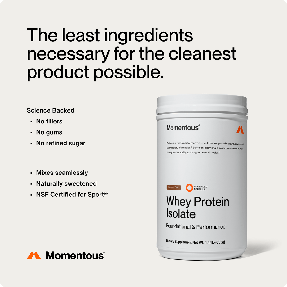 The image shows Momentous Whey Protein Isolate by Momentous, featuring minimal ingredients, NSF certification, no fillers or gums, grass-fed protein, and a science-backed formula designed to support optimal muscle recovery.