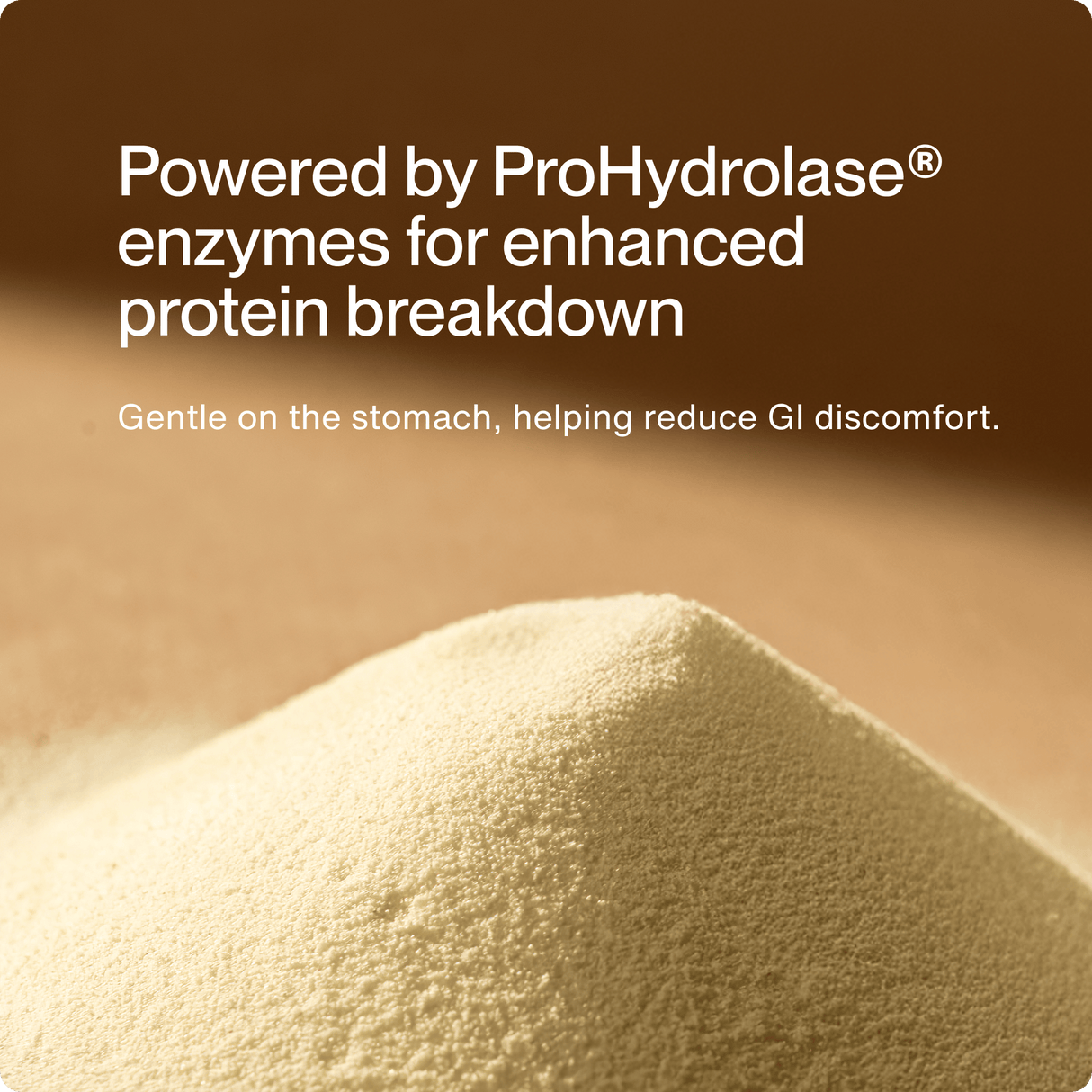 Close-up of a mound of pale powder with text overlay showing that Momentous Whey Protein Isolate uses ProHydrolase enzymes to support enhanced protein breakdown, reduced GI discomfort, and improved muscle recovery.