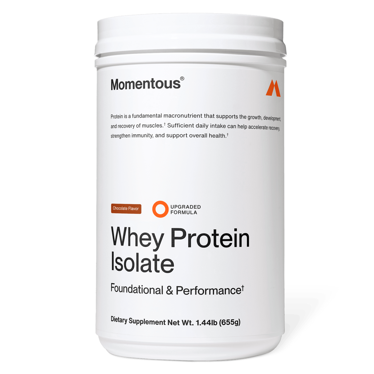 A white container of Momentous Whey Protein Isolate by Momentous, chocolate flavor, made with grass-fed protein for foundational and performance support, net weight 1.44 lb (655g).