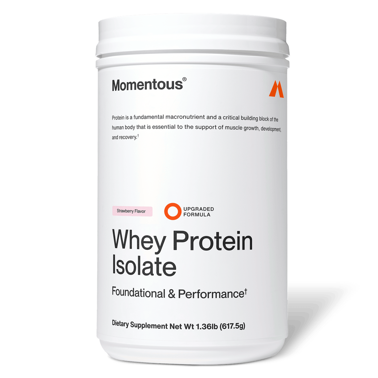 A white Momentous Whey Protein Isolate container in Strawberry Flavor, labeled grass-fed protein, net weight 1.36 lb (617.5g), ideal for muscle recovery.
