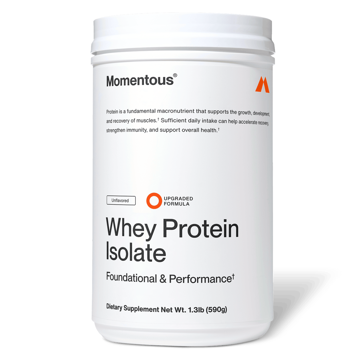 A white container of Momentous Whey Protein Isolate, featuring detailed branding on the front—made with premium grass-fed protein to support muscle recovery.