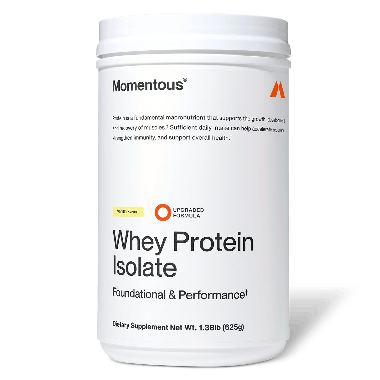 A container of Momentous Whey Protein Isolate in vanilla flavor displays product details and labeling on a white background—ideal for muscle recovery.