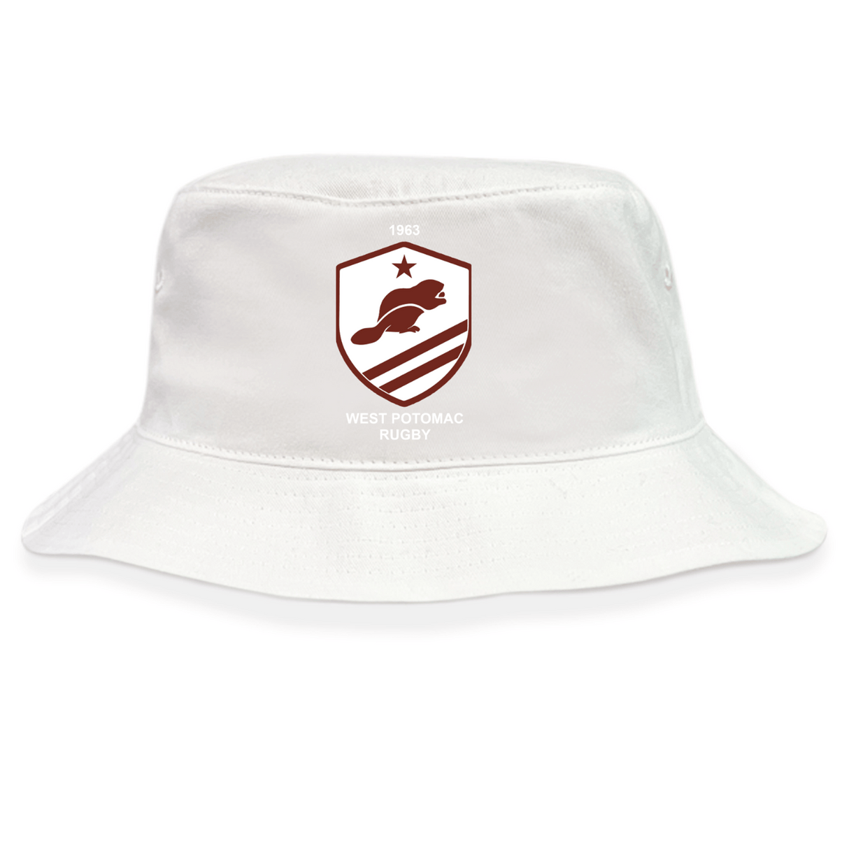 The EMB S&S Activewear West Potomac RFC Crusher Bucket Cap is a white cotton hat with a maroon beaver crest, two stars, "1963," and "WEST POTOMAC RUGBY" for classic sun protection.