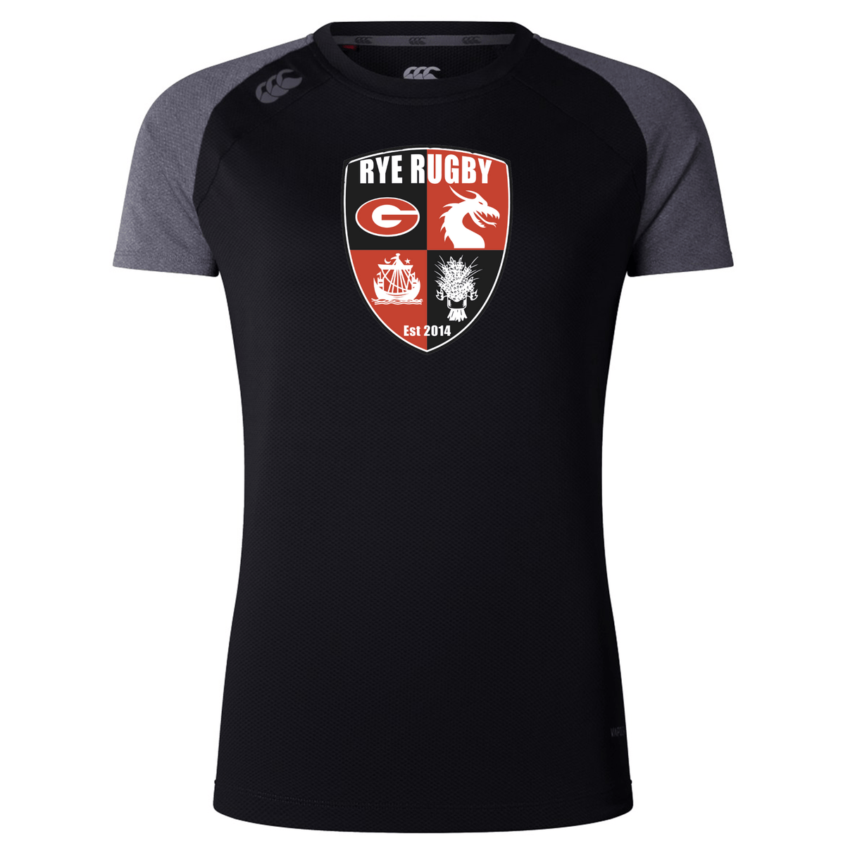 Black and grey Rye High School Rugby Women's Elite Training Tee by WRS Canterbury with team emblem on the front, made from recycled polyester jacquard fabric.