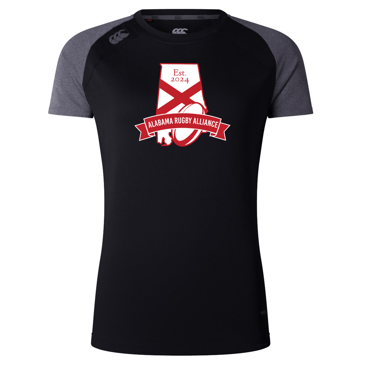 Black and grey Alabama Rugby Alliance Women's Elite Training Tee by WRS Canterbury with "Alabama Rugby Alliance" and "est. 2024" logo printed on the front, featuring lightweight fabric.