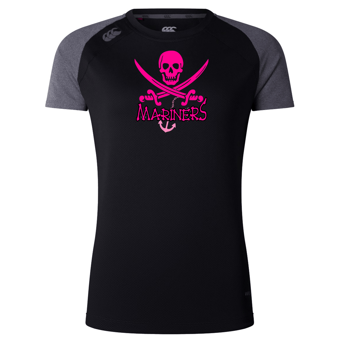 Black SUNY Maritime Women's Elite Training Tee by WRS Canterbury with grey sleeves featuring a pink skull and crossbones logo and the word "mariners" in script.