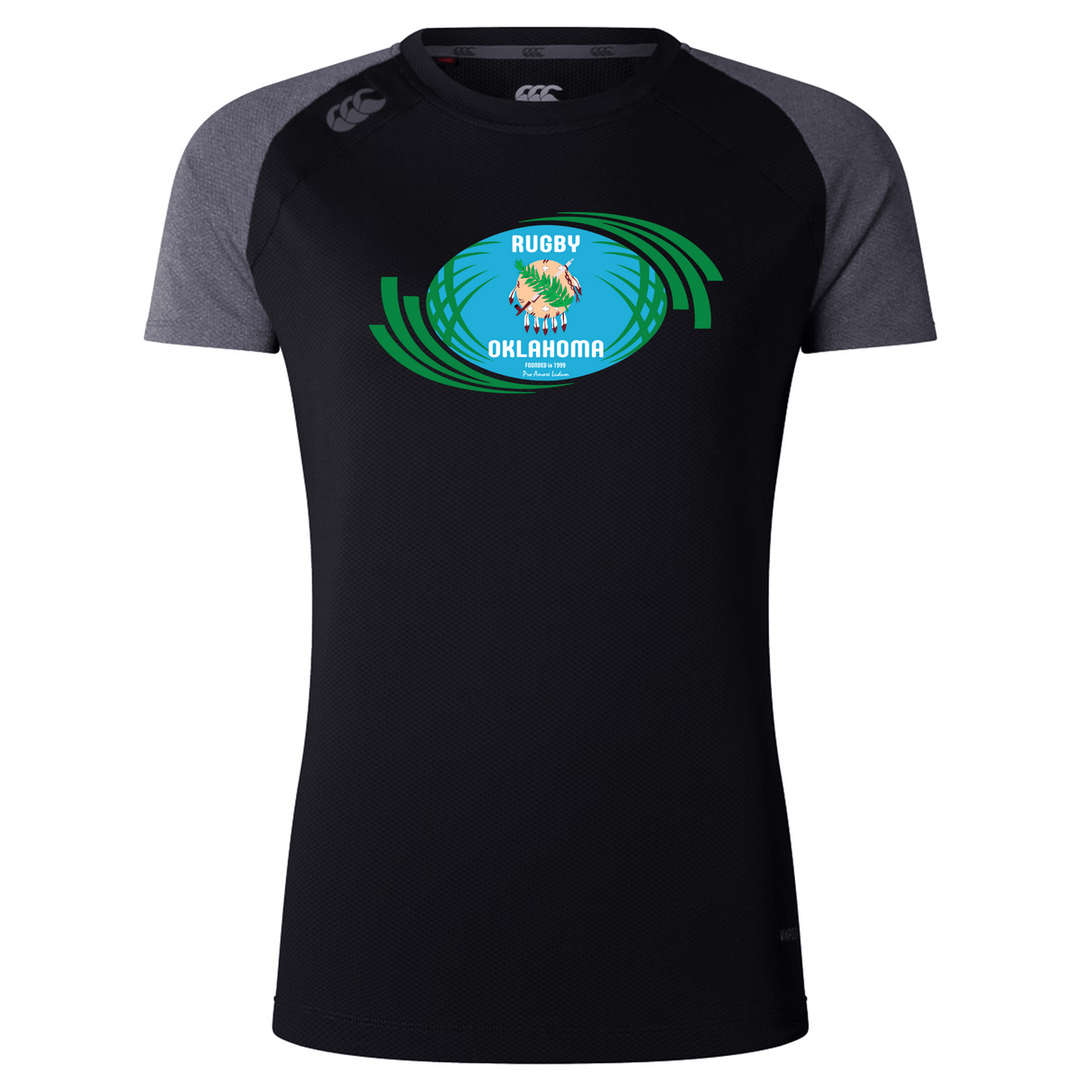 Black and gray Rugby Oklahoma Women's Elite Training Tee featuring the Oklahoma rugby logo with a tiger and green laurel on the chest, made from lightweight recycled polyester jacquard fabric by WRS Canterbury.