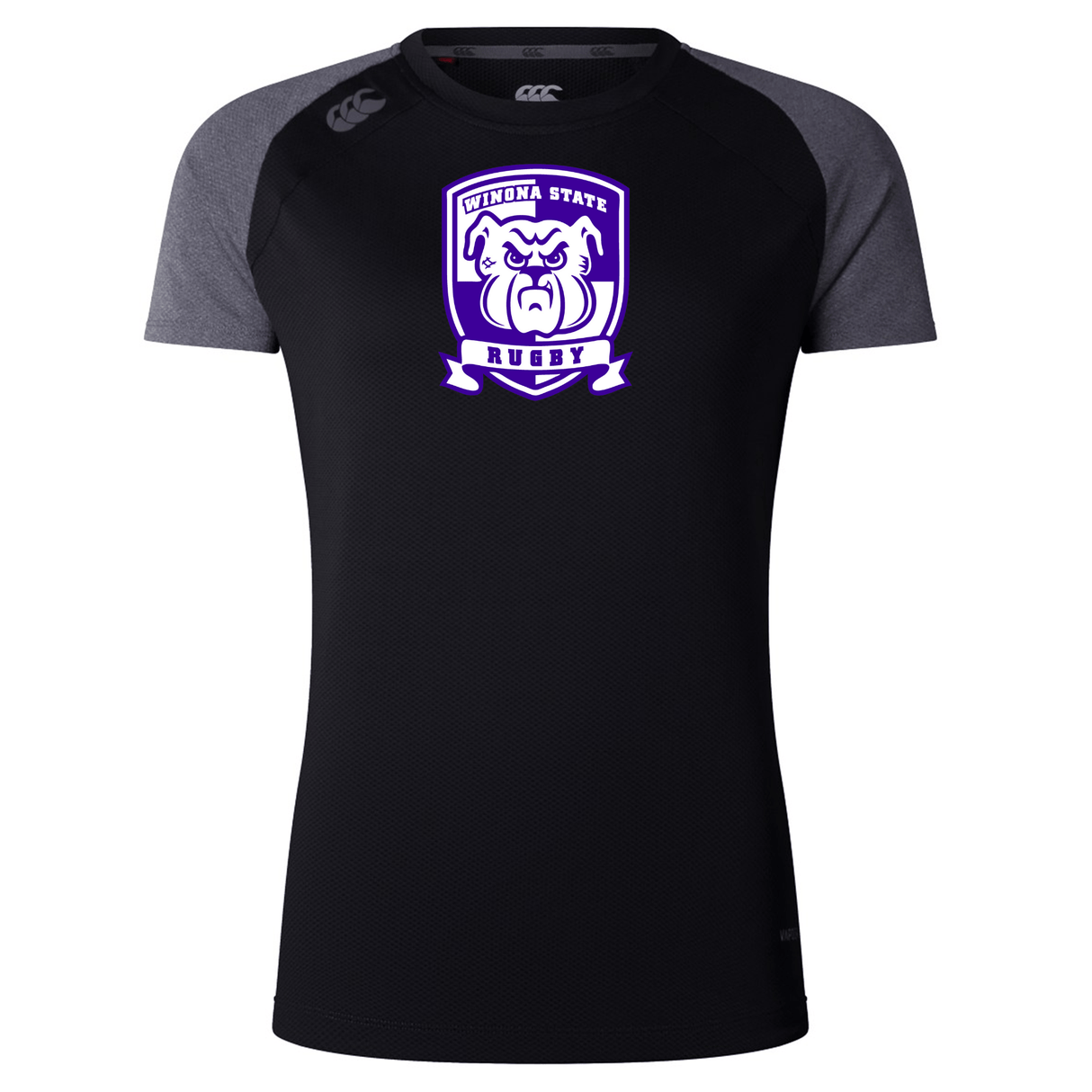 Black and gray short-sleeve Winona State University Women's Elite Training Tee by Canterbury with "Winona State Rugby" logo featuring a bulldog on the chest, crafted from lightweight recycled fabric, by WRS Canterbury.