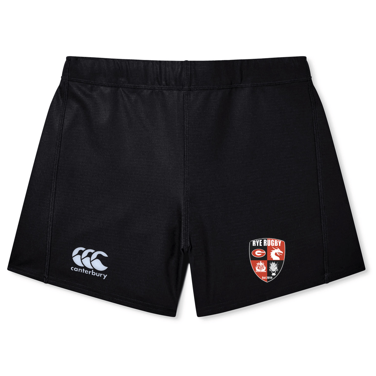 Black EMB Canterbury Yokohama rugby shorts with Rye High School Rugby Women's logo on the right leg.