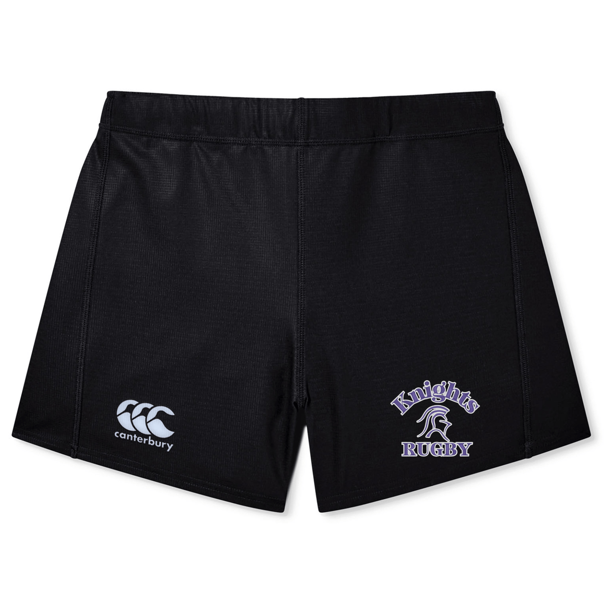 A pair of Ardrey Kell Rugby Women's Yokohama Short by Canterbury made from lightweight durable fabric featuring an EMB Canterbury logo on the left leg and a Knights Rugby logo on the right.