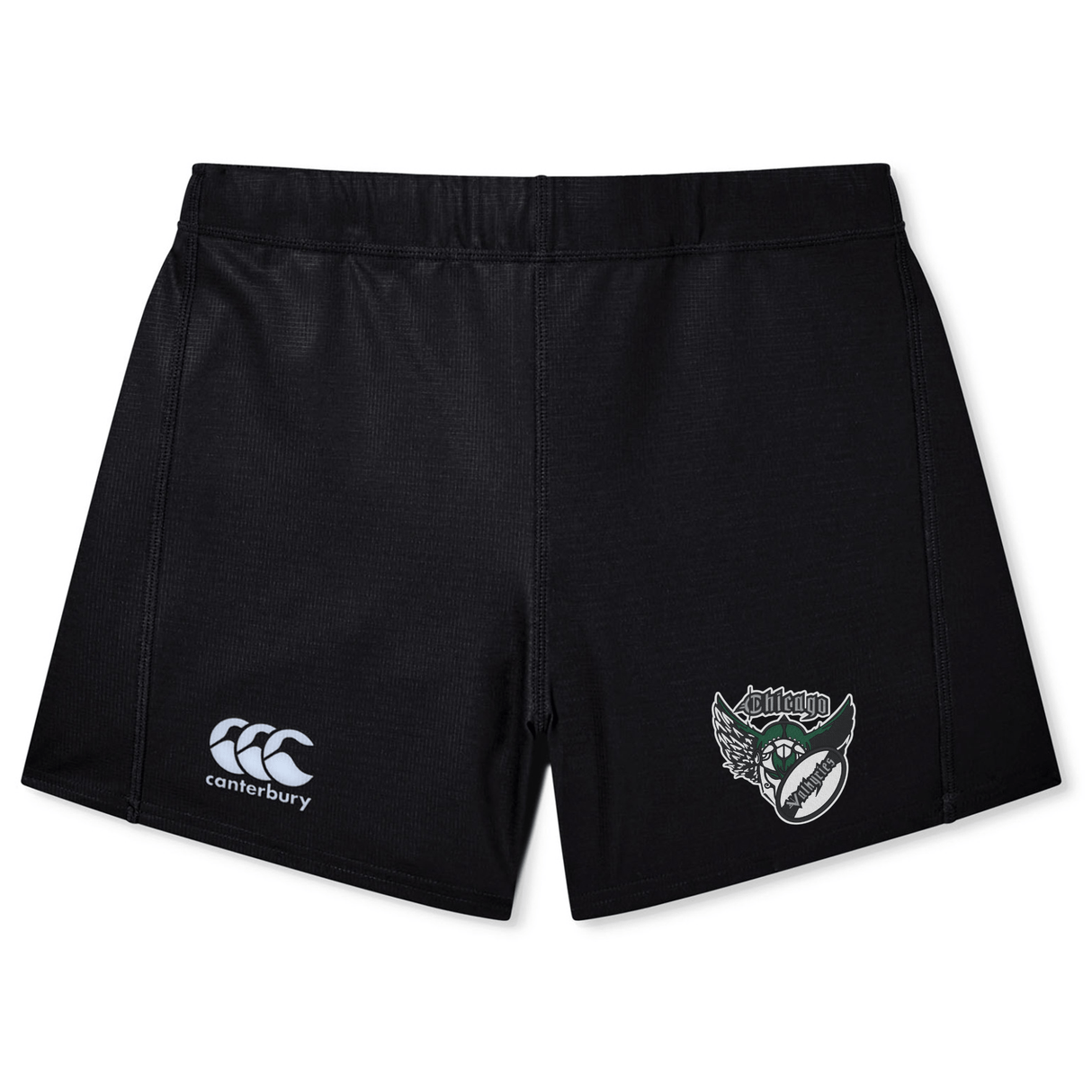 Black Chicago Valkyries Women's Yokohama sports shorts with embroidered logos on the left and right thighs, displayed on a white background by EMB Canterbury.