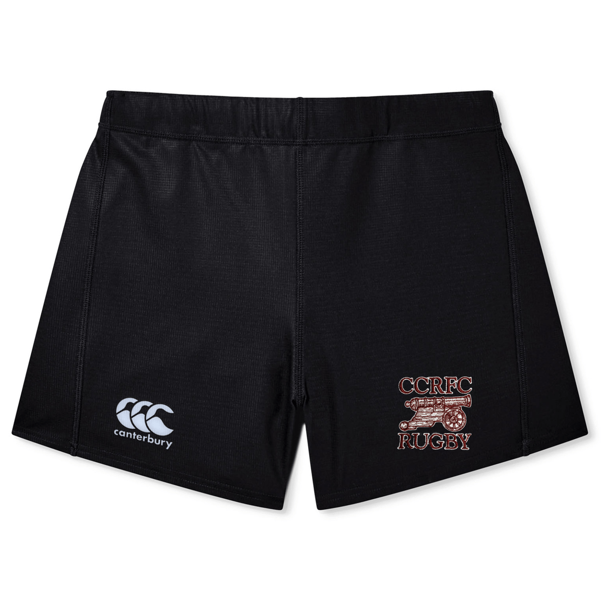 Women's EMB Canterbury rugby shorts with embroidered logos on each thigh, displayed on a white background.