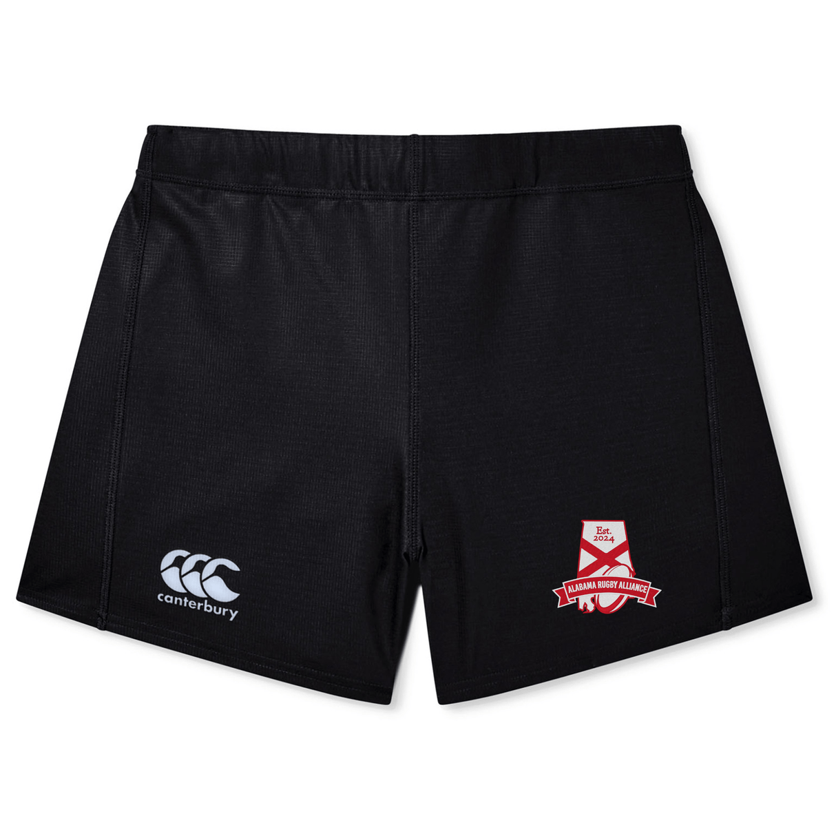 Alabama Rugby Alliance Women's Yokohama Short by EMB Canterbury with embroidered logos on the left leg, crafted from Vapodri fabric, displayed on a plain background.