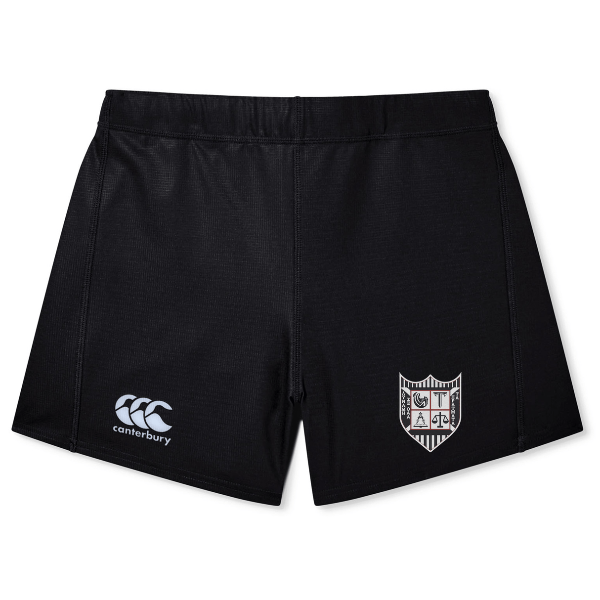 Black Troy University Rugby women's Yokohama shorts with a shield logo on the left leg and the EMB Canterbury logo on the right.
