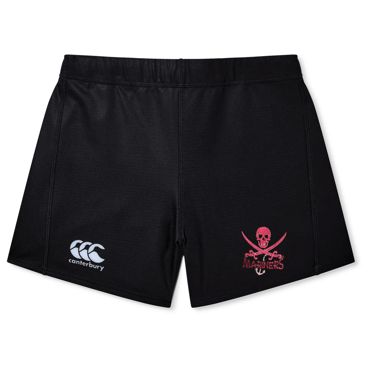 Black SUNY Maritime Women's Yokohama sports shorts with an EMB Canterbury logo on the left and a pink skull and crossbones with "mariners" text on the right.