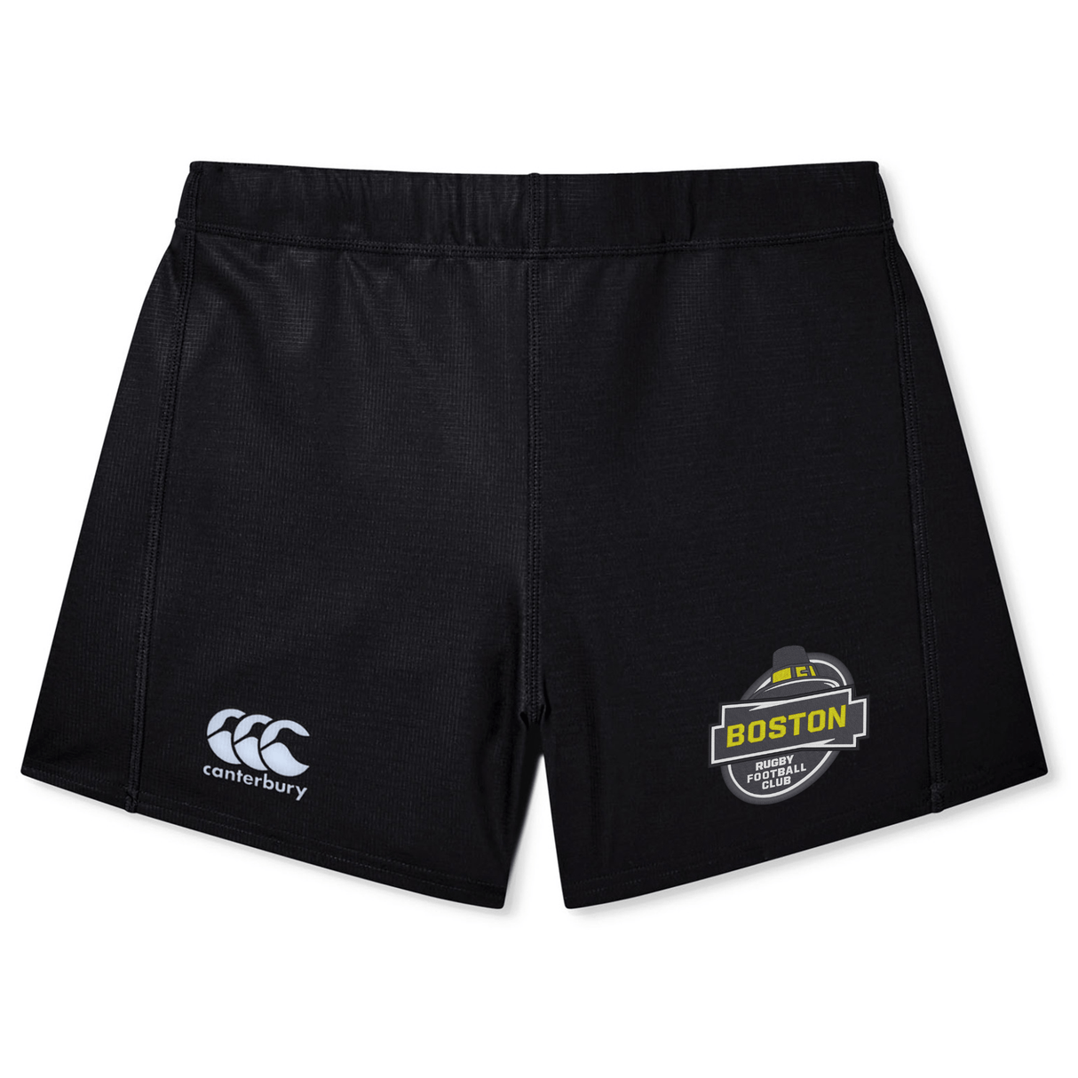 Black EMB Canterbury sports shorts with Boston Rugby Festival logo on the left leg, displayed on a white background.