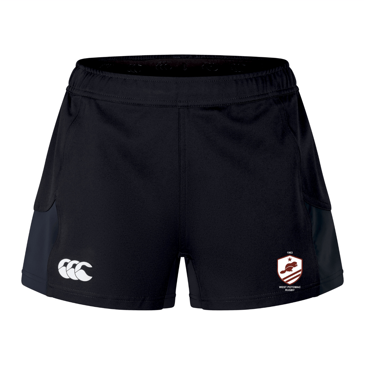 The West Potomac RFC Women's Advantage Short 2.0 by EMB Canterbury features a white Canterbury logo and a maroon/white Wests Rugby Club emblem, designed for women seeking high-performance recycled athletic shorts.