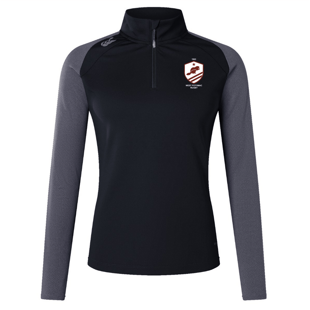 The West Potomac RFC Women's Elite First Layer by EMB Canterbury is a black and gray long-sleeve pullover with moisture-wicking VapoDri tech, white and red crest on the left chest, and small white logo on the right shoulder.