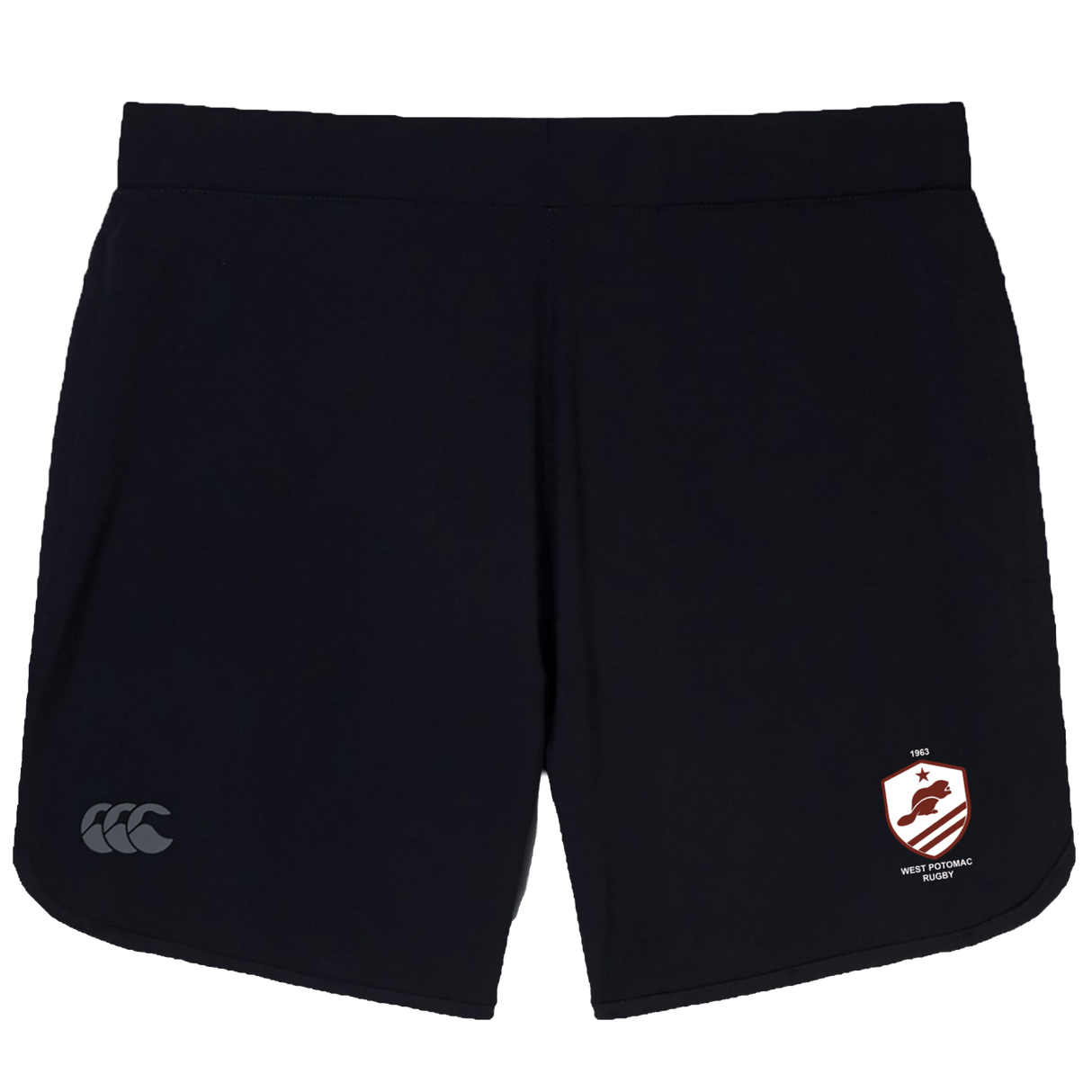 The West Potomac RFC Women's Elite Woven Short by EMB Canterbury features black gym shorts with a white and red club logo on the right leg, a grey CCC logo on the left, and zippered pockets for secure storage.