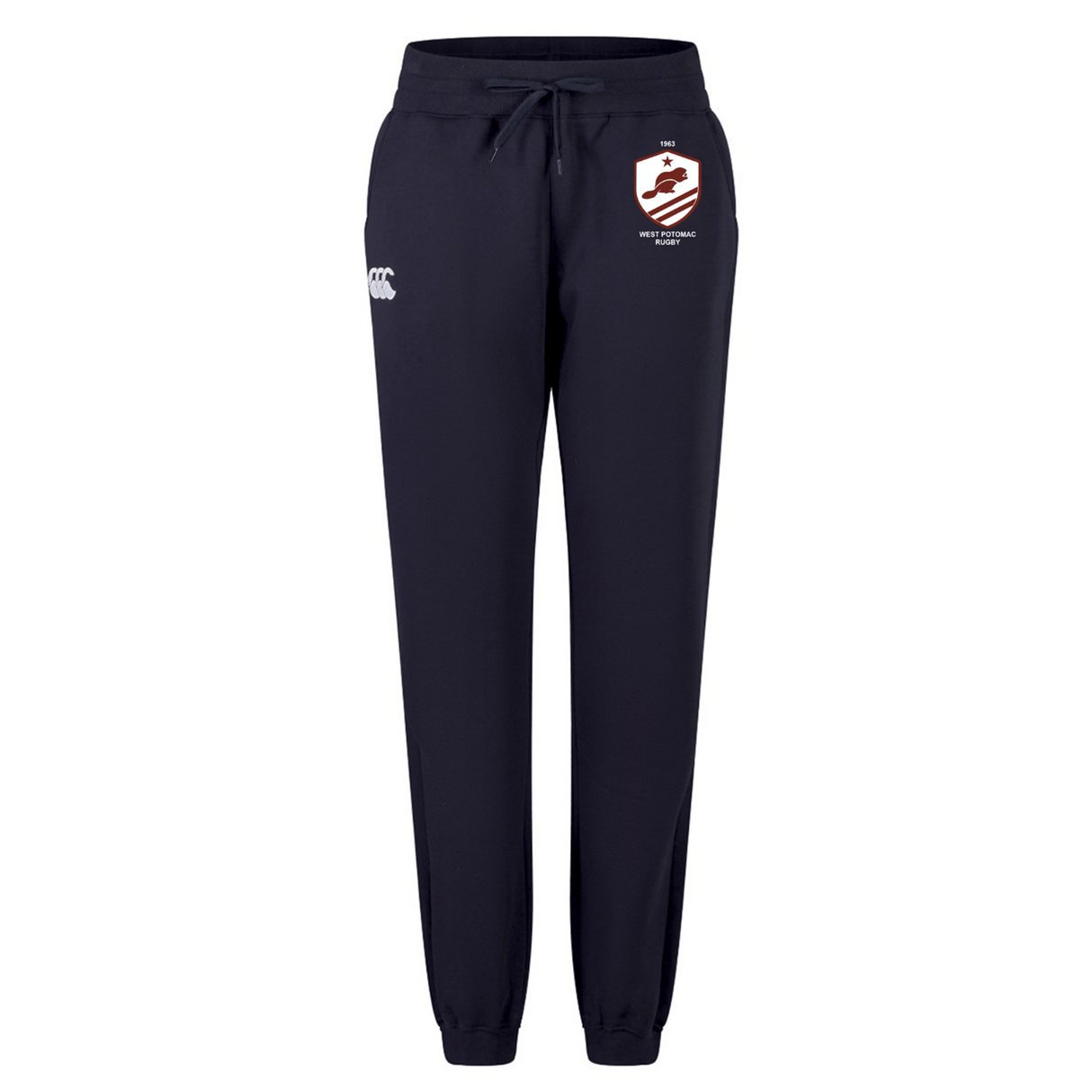 The West Potomac RFC Women's Leisure Sweatpant by EMB Canterbury features navy organic cotton, a drawstring waist, elastic cuffs, a white logo on the right thigh, and a left thigh badge—ideal for rugby training or casual wear.