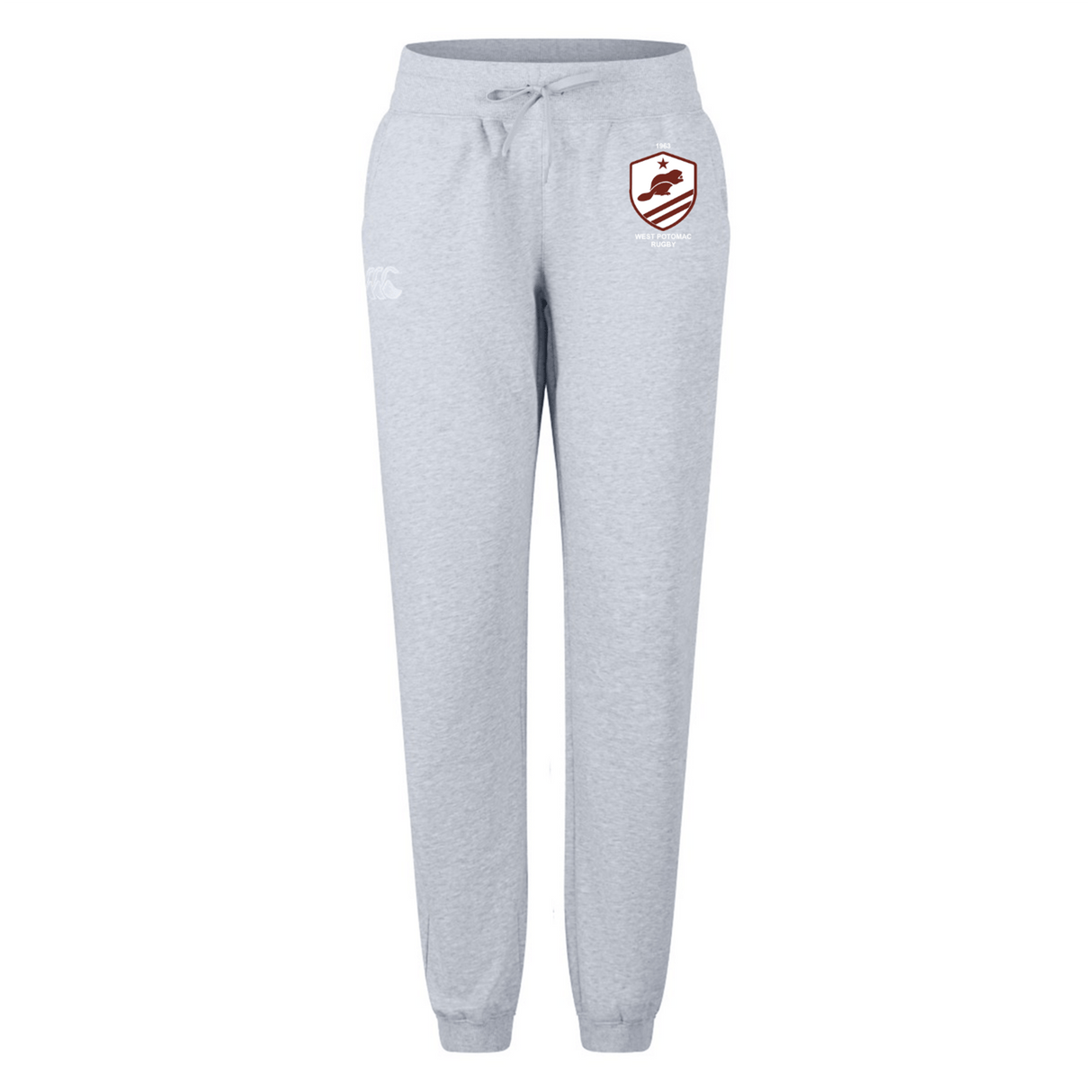 The EMB Canterbury West Potomac RFC Women's Leisure Sweatpant features a light gray color, drawstring waist, ribbed cuffs, and a maroon sports logo on the upper left thigh—combining comfort and style by Canterbury.