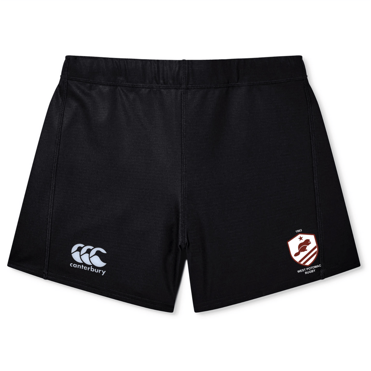 The West Potomac RFC Women’s Yokohama Short by EMB Canterbury features the Canterbury logo on the left leg and a red and white crest with text on the right, offering classic rugby style for fans.