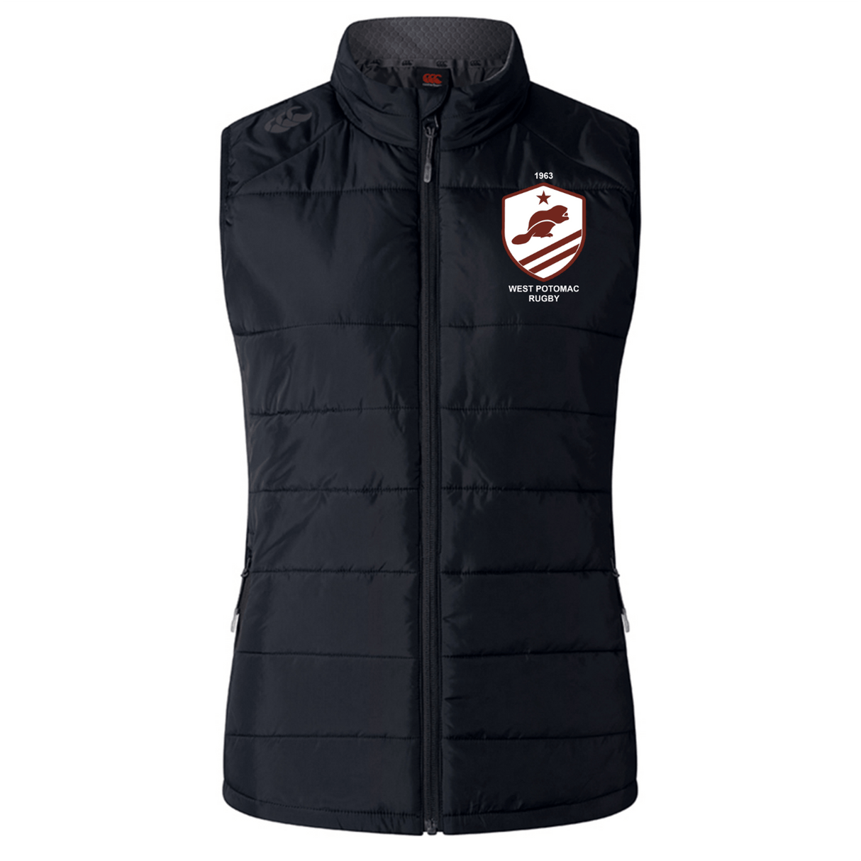 The EMB Canterbury West Potomac RFC Women's Elite Microlite Gilet is black, sleeveless, features insulated baffles and the "West Potomac Rugby" logo on the left chest.