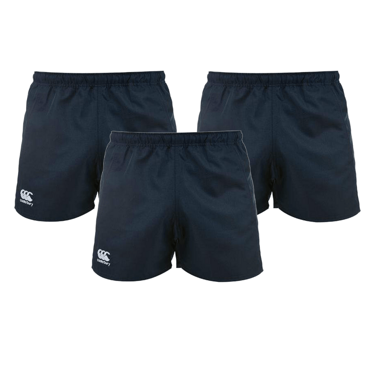 The Women's Canterbury Advantage 2.0 Short 3-Pack Bundle features navy rugby shorts with elastic waistbands and white logos, ideal for training and balancing comfort with durability. Brand: Bundle.