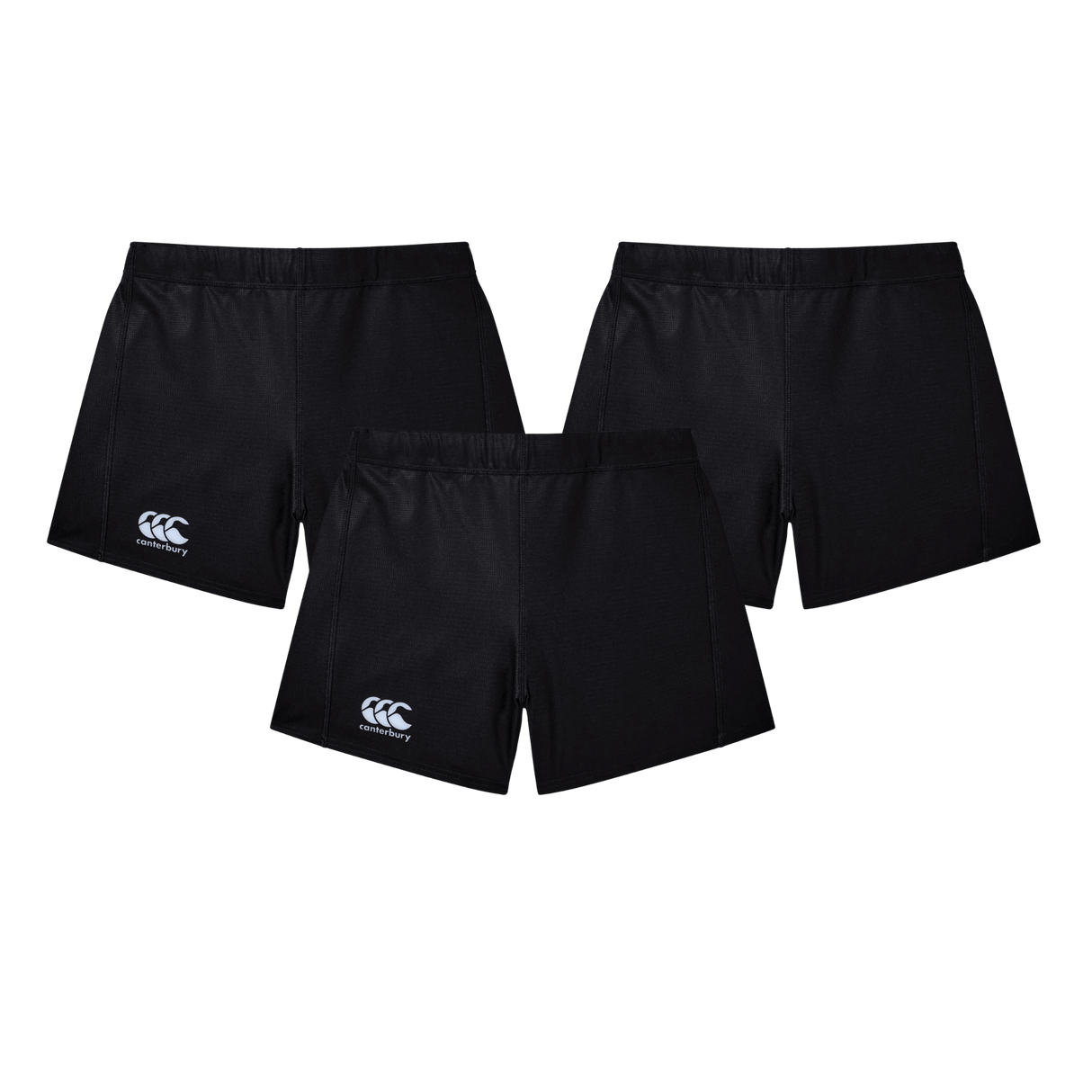 The Women's Canterbury Yokohama Short 3-Pack Bundle by Bundle includes black athletic shorts with elastic waistbands and a white Canterbury logo on the lower left leg, shown against a plain white background.
