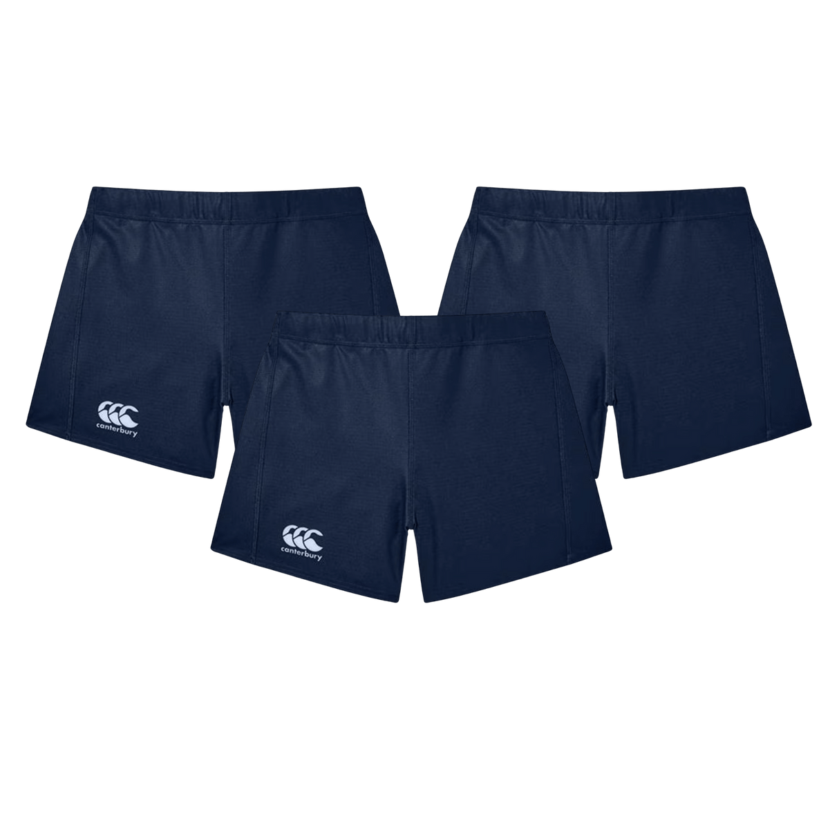 The Women's Canterbury Yokohama Short 3-Pack Bundle by Bundle includes three navy blue rugby shorts with elastic waistbands and white Canterbury logos on the front left legs, shown against a plain white background.