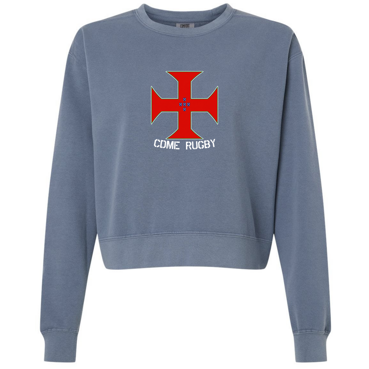 The SF CDME Rugby Women's Garment-Dyed Mid-Length Crewneck Sweatshirt by EMB S&S Activewear features a blue relaxed fit with a prominent red cross emblem and "CDME RUGBY" text on the front.
