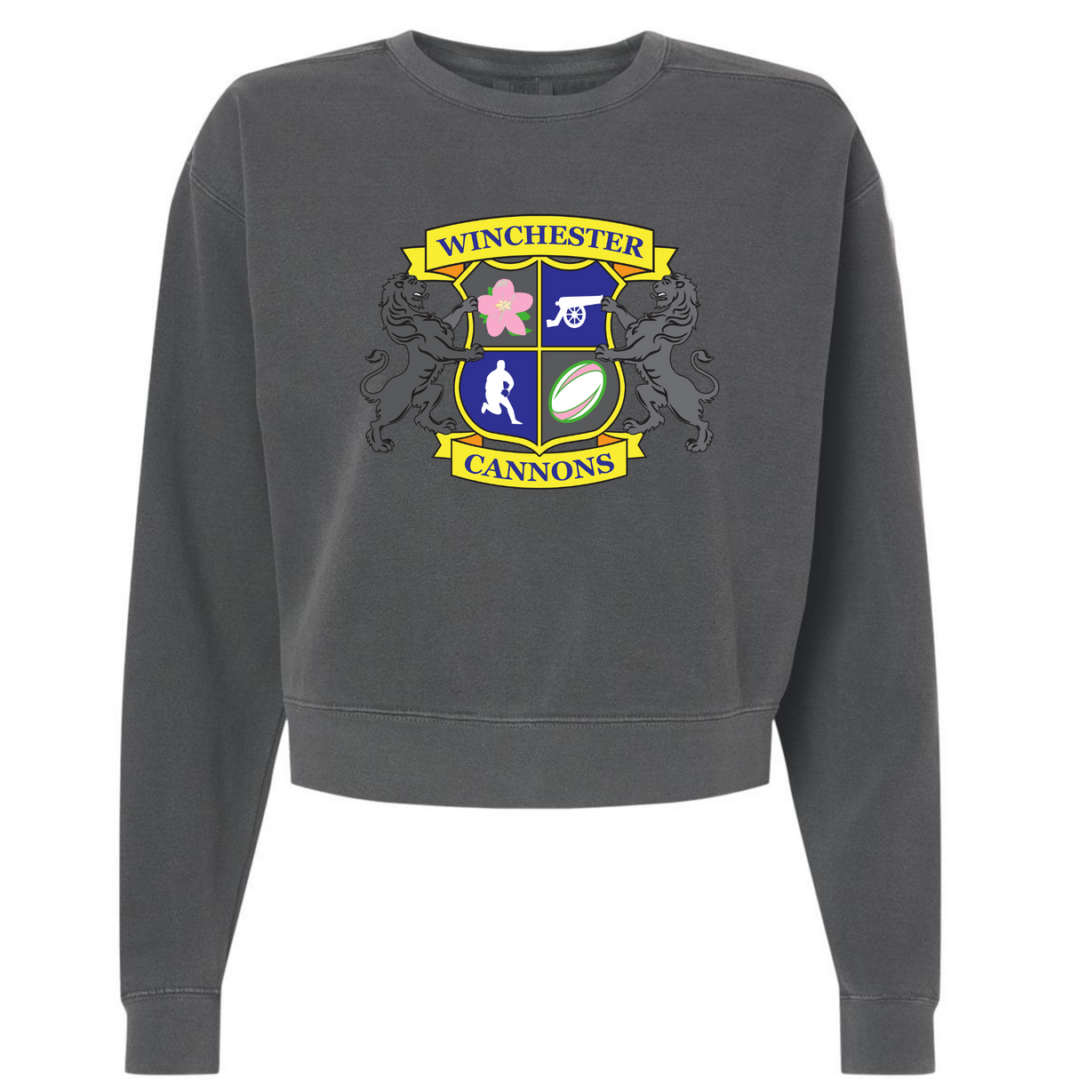 The Winchester Cannons Women's Garment-Dyed Mid-Length Crewneck Sweatshirt by EMB S&S Activewear is a dark grey heavyweight fleece with a colorful crest reading "Winchester Cannons" and sports-themed icons.