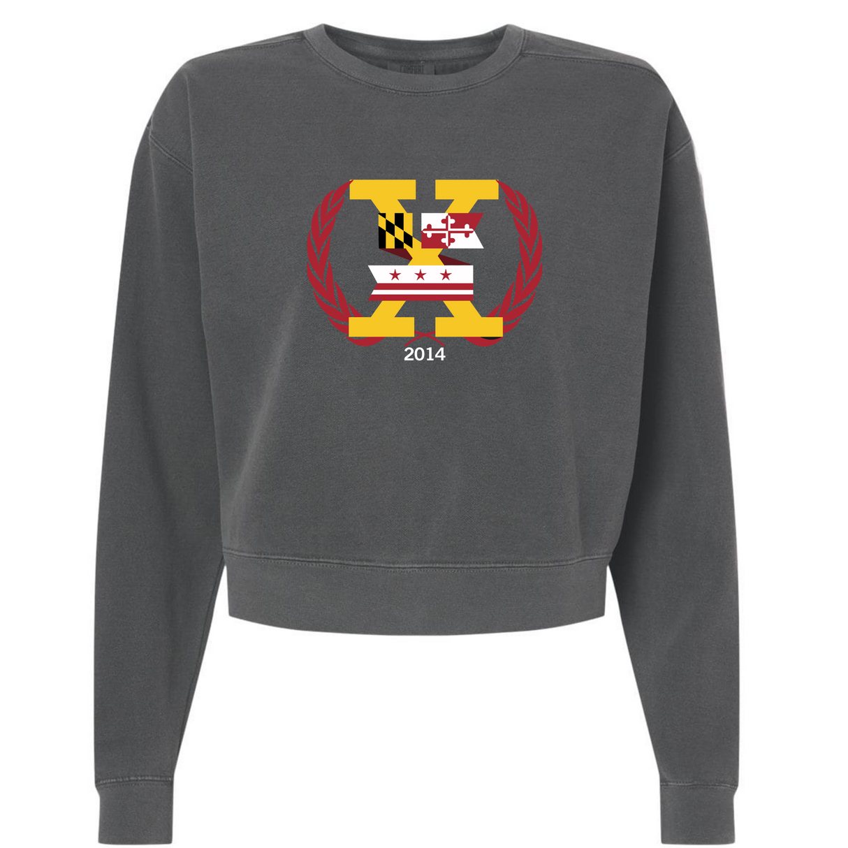 Introducing the Potomac Exiles Rugby Club Women's Garment-Dyed Mid-Length Crewneck Sweatshirt by EMB S&S Activewear—a dark gray, heavyweight fleece top featuring a large "X" logo on the chest. The design incorporates elements of the Maryland and Washington, DC flags, laurel branches, and displays "2014" beneath the graphic. This mid-length crewneck offers lasting comfort and distinctive style.
