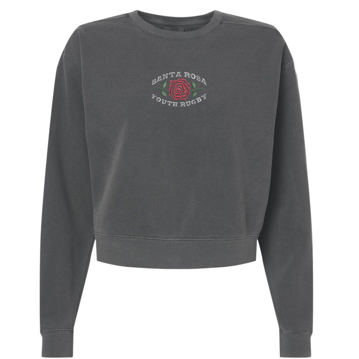 The Santa Rosa Youth Rugby Women’s Garment-Dyed Mid-Length Crewneck Sweatshirt by EMB S&S Activewear features a charcoal gray design with “Santa Rosa Youth Rugby” and a red rose graphic printed on the chest. Made from heavyweight fleece, this crewneck provides both comfort and style for women.