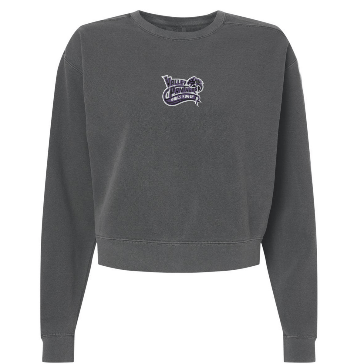 The Valley Panthers Girls Rugby Women’s Garment-Dyed Mid-Length Crewneck Sweatshirt by EMB S&S Activewear is a charcoal gray women’s crewneck, garment-dyed for a lived-in feel, and features a small “Valley Panthers Cross Country” logo in purple and white on the left chest.