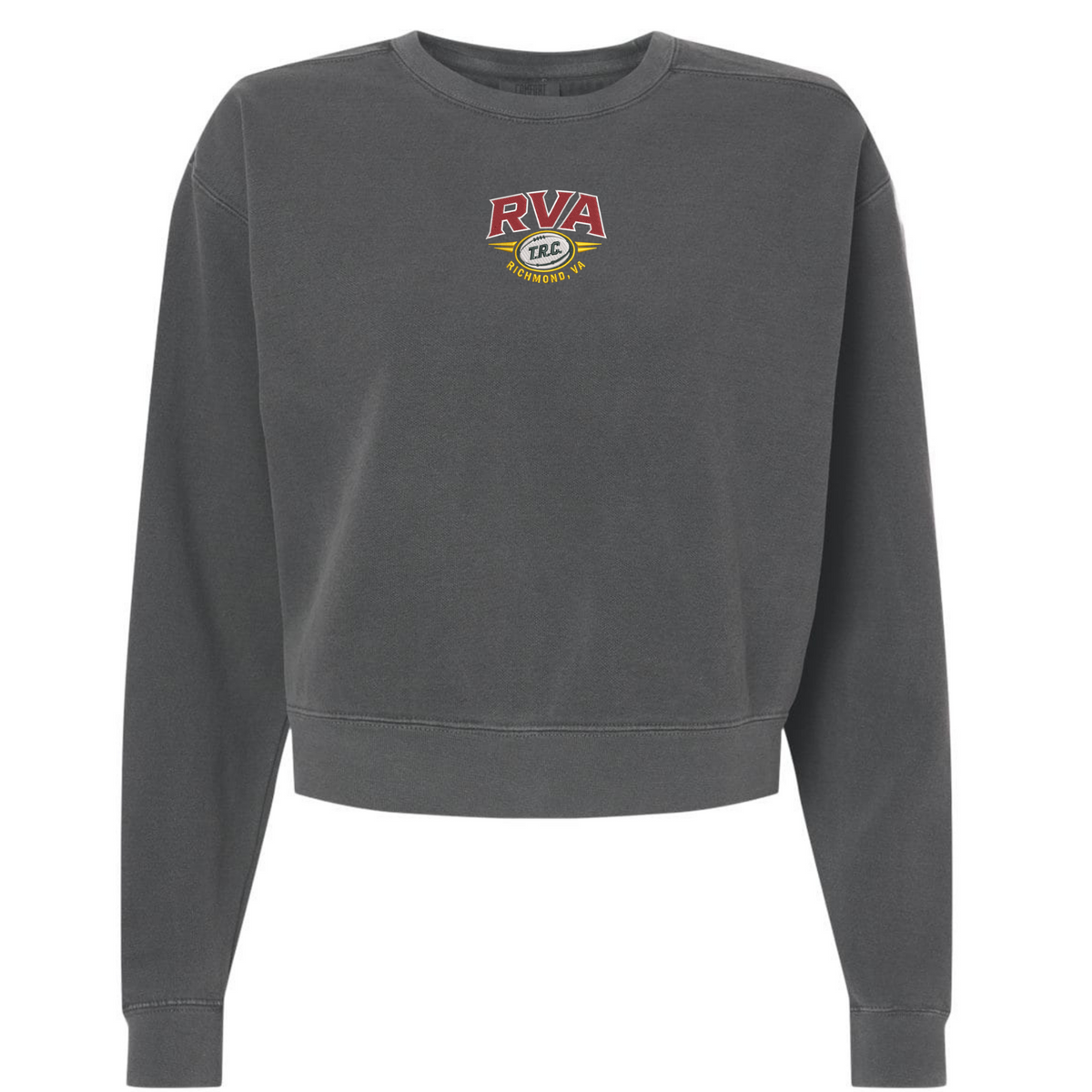 The RVA T.R.C. Women’s Garment-Dyed Mid-Length Crewneck Sweatshirt by EMB S&S Activewear is a dark gray heavyweight fleece featuring long sleeves and a small “RVA TRG RICHMOND” logo in red, yellow, and white on the chest.