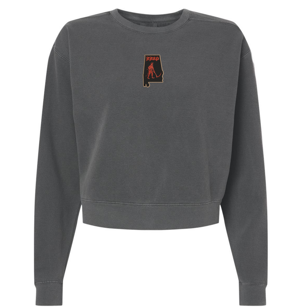 Aging Alabama Rugby Players Women’s Garment-Dyed Mid-Length Crewneck Sweatshirt in charcoal grey heavyweight fleece, featuring a small chest graphic of an Alabama silhouette containing an illustration of a person holding a scythe.