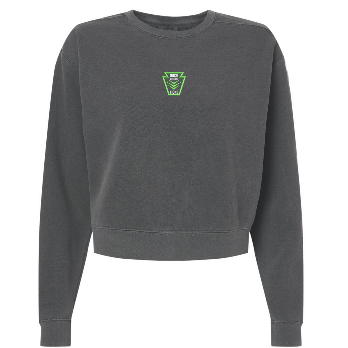 Dark gray garment-dyed Rock Rugby Women’s Garment-Dyed Mid-Length Crewneck Sweatshirt featuring a green “Rock Rugby Lions” shield graphic on the chest.