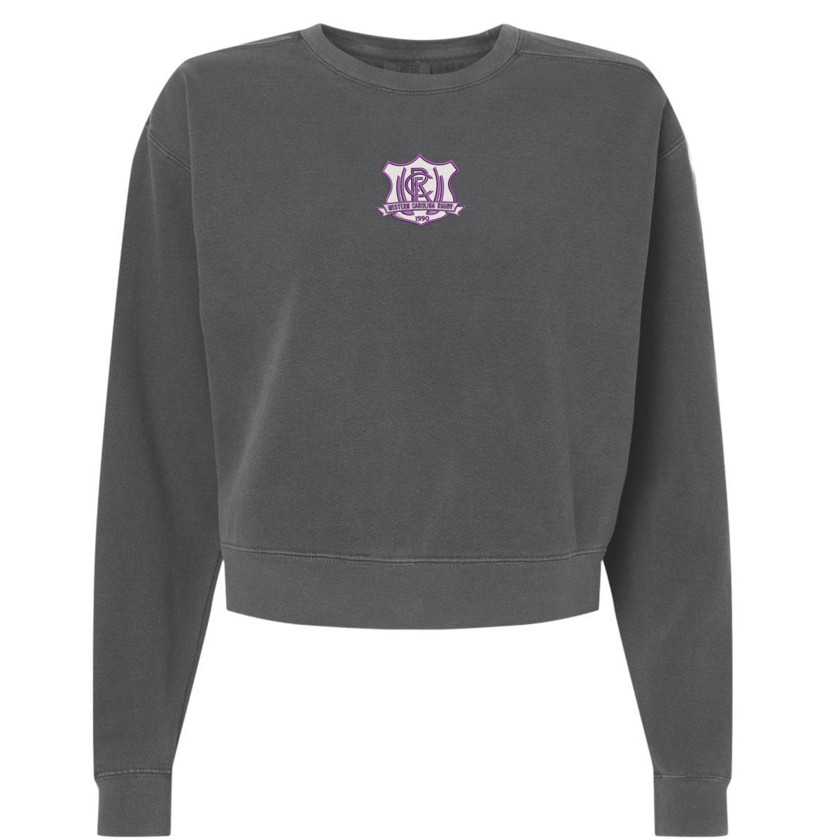 Charcoal gray garment-dyed Western Carolina University Women’s Garment-Dyed Mid-Length Crewneck Sweatshirt with a Western Carolina Rugby emblem on the chest.
