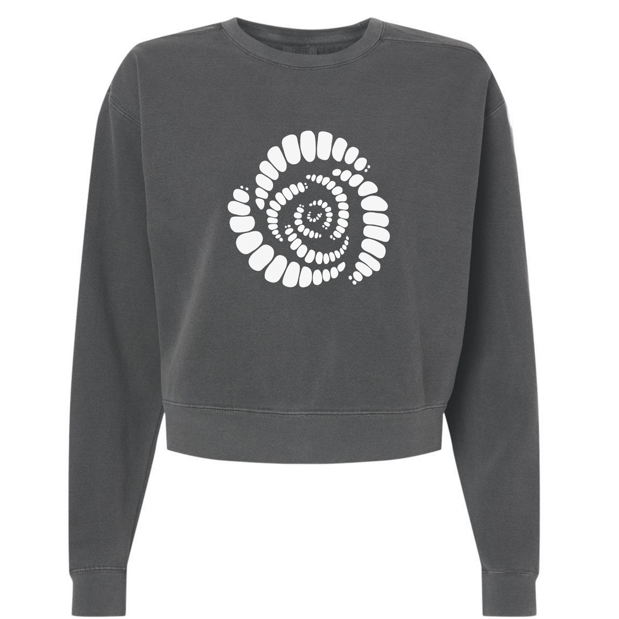 The Missoula All-Maggots Women’s Garment-Dyed Mid-Length Crewneck Sweatshirt by EMB S&S Activewear is a dark gray heavyweight fleece crewneck featuring a white spiral made of oval shapes centered on the front. This garment-dyed sweatshirt ensures both comfort and style.