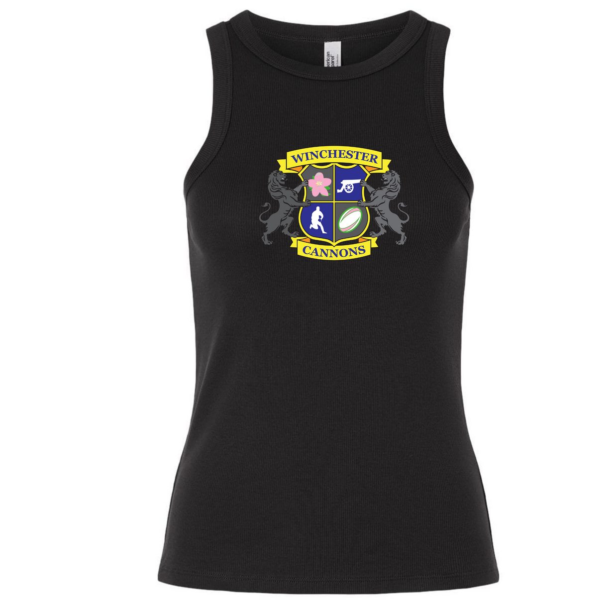 The EMB S&S Activewear Winchester Cannons Women's Baby Rib Tank is a classic black tank featuring a vibrant "Winchester Cannons" crest with sports and floral icons, plus twin lion silhouettes in the background.