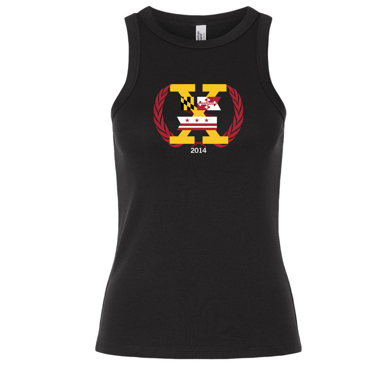The Potomac Exiles Rugby Club Women's Baby Rib Tank by EMB S&S Activewear is a black stretch-fit top featuring a 2014 design with Maryland and DC flag elements inside a large "X" and laurel wreath on the chest, offering classic style and comfort.