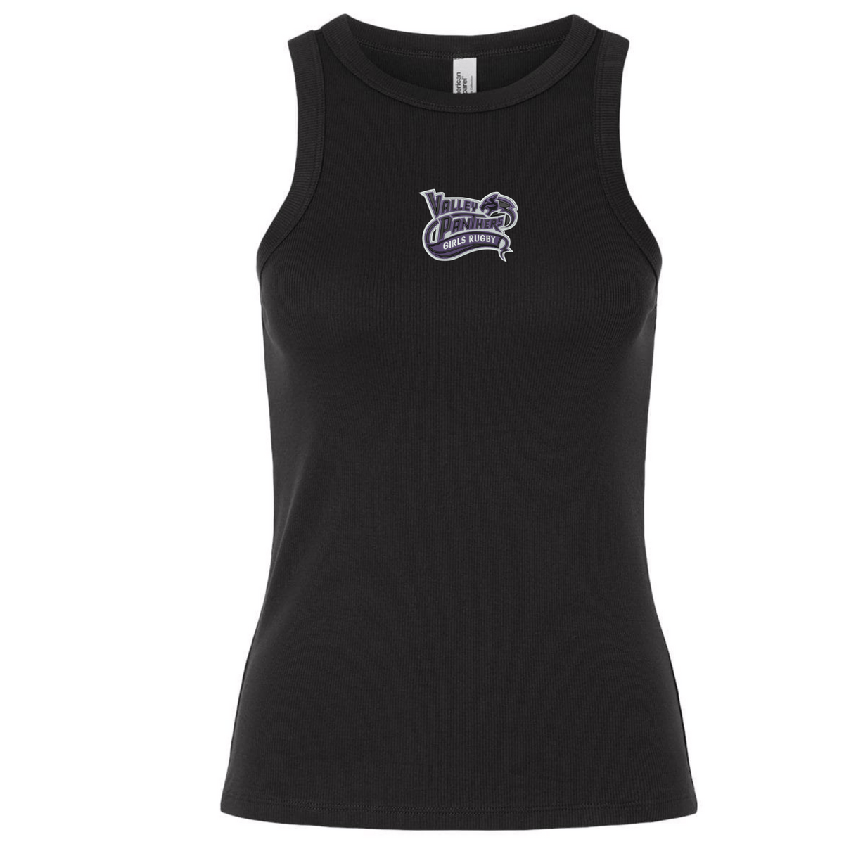 Certainly! Here’s the revised sentence using your product data: The Valley Panthers Girls Rugby Women’s Baby Rib Tank by EMB S&S Activewear is a black classic-style sleeveless top, featuring comfortable stretch-fit fabric for everyday wear. A bold “Valley Panthers” logo in purple and white adorns the chest.