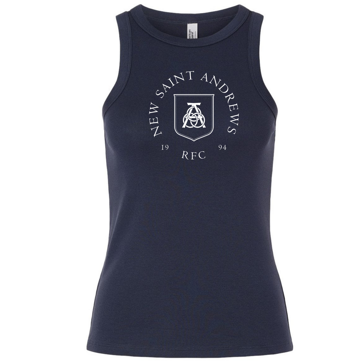 Certainly! Here’s the rewritten sentence using your product data: Navy blue women’s baby rib tank from EMB S&S Activewear featuring “New Saint Andrews RFC 1994” and a shield logo printed in white on the front.